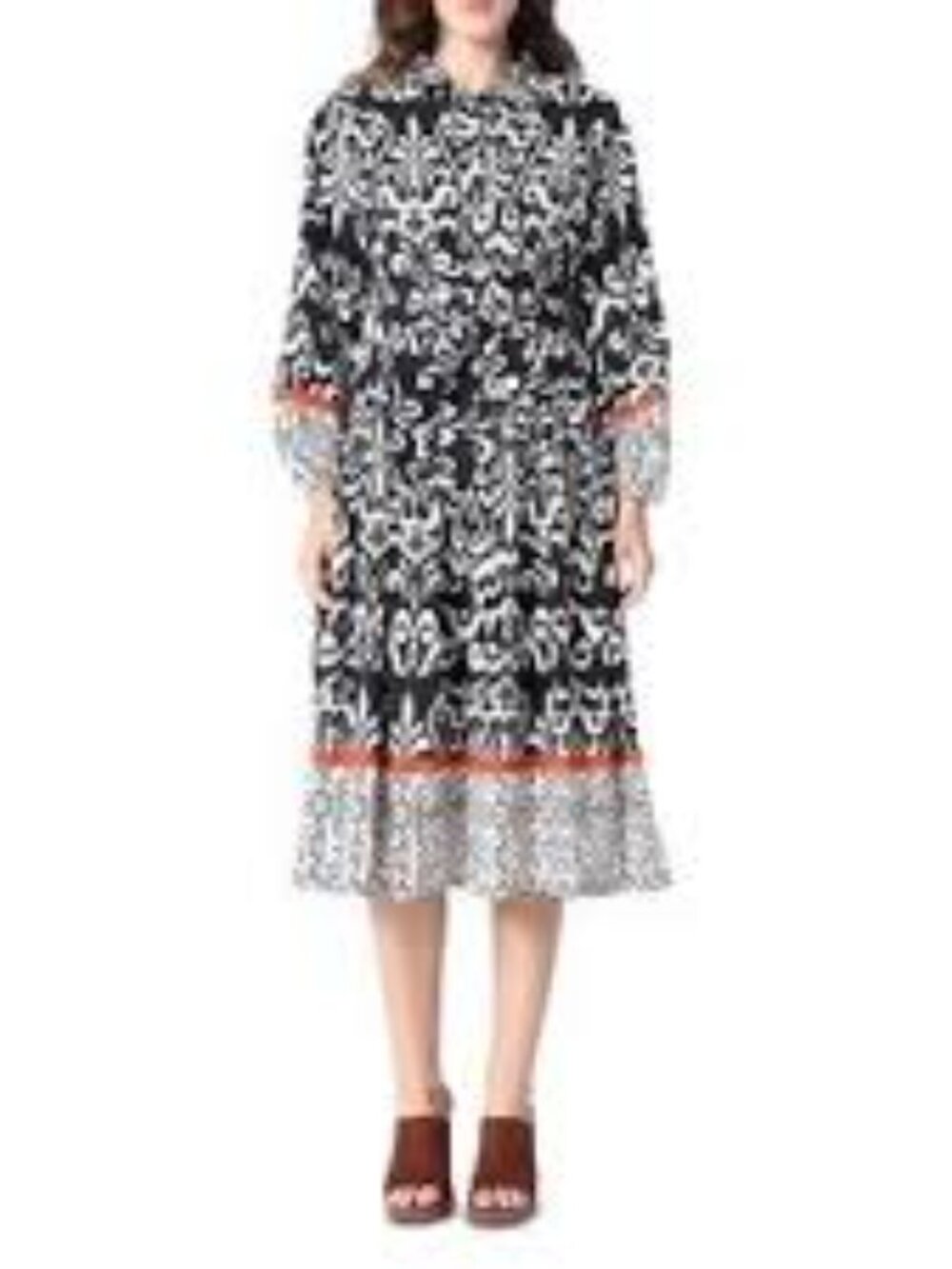 $ 142 Gracia Bohemian Ikat Tiered Shirt Dress Black White Red Trim